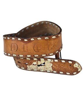 Vintage Tooled Brown Leather Belt Blue White Floral Stamped Dick Distressed